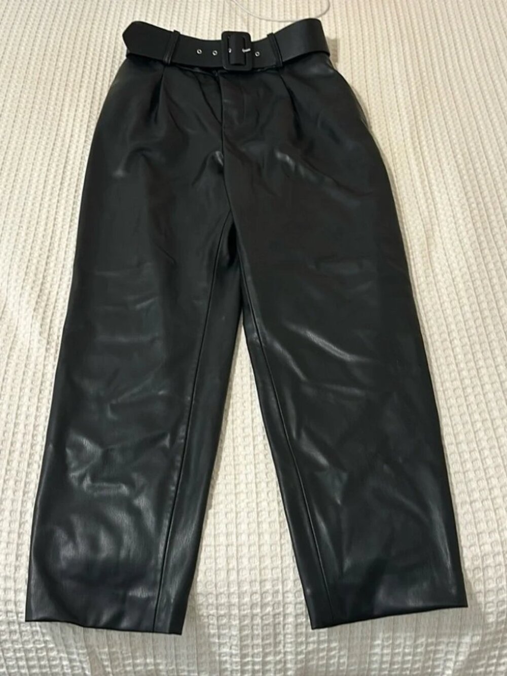 Zara Black Faux Leather High-Waist Belted Trousers